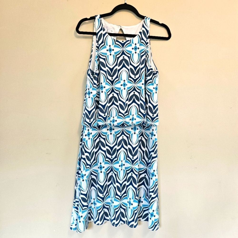 London Times Petites Womens Sz 8P Blue White Teal Knee Length Geometric Dress
